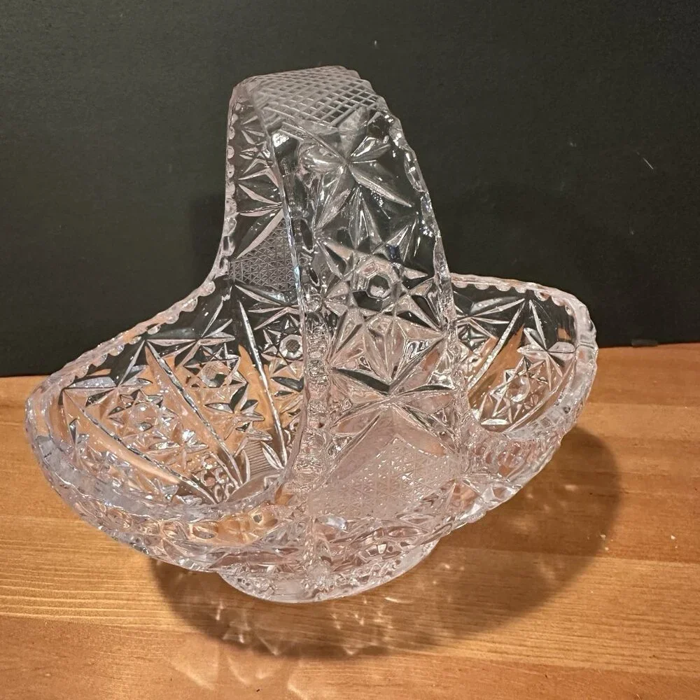 Vtg Clear Glass Basket Star Diamond Pattern Starburst 7